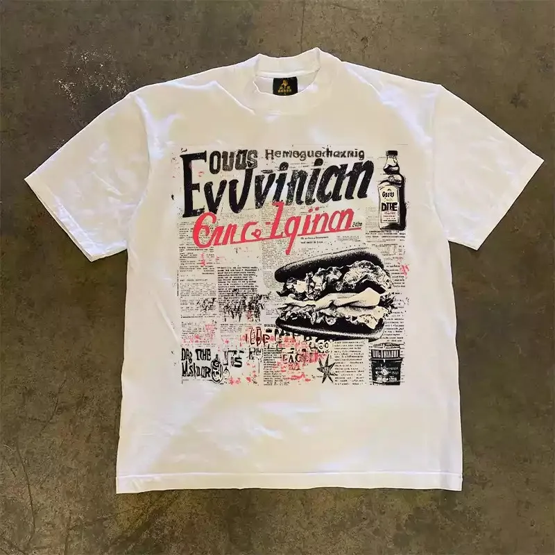 Unisex Vintage Newspaper Collage Graphic T‑Shirt Men Women Retro Food Illustration Mixed Font Art Print Tee 100% Cotton Loose American Streetwear Short Sleeve T Shirt.