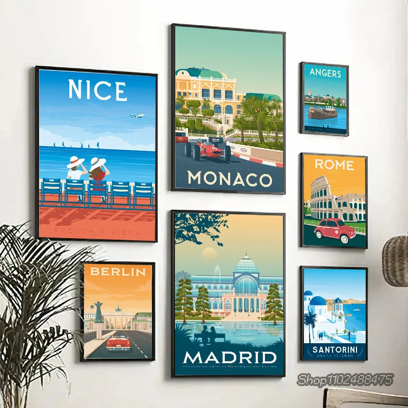 Colored Europe Travel City Landscape Canvas Painting France Nice Paris Monaco Nantes Poster Nordic Wall Art Pictures Home Decor view 2
