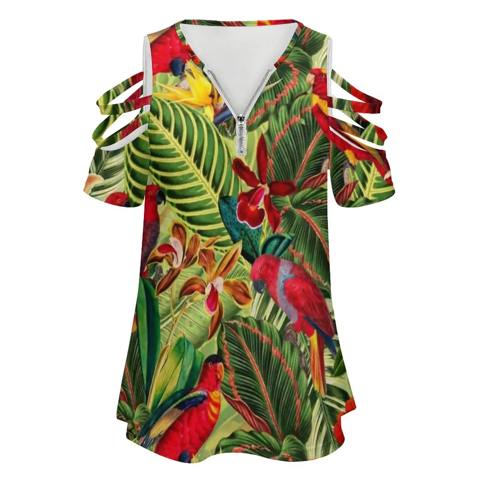 Vintage Tropical Bird Jungle Garden Women Zipper Sexy Printed Vintage T Shirts Tops Full Print T-Shirt Bird Birds Nature