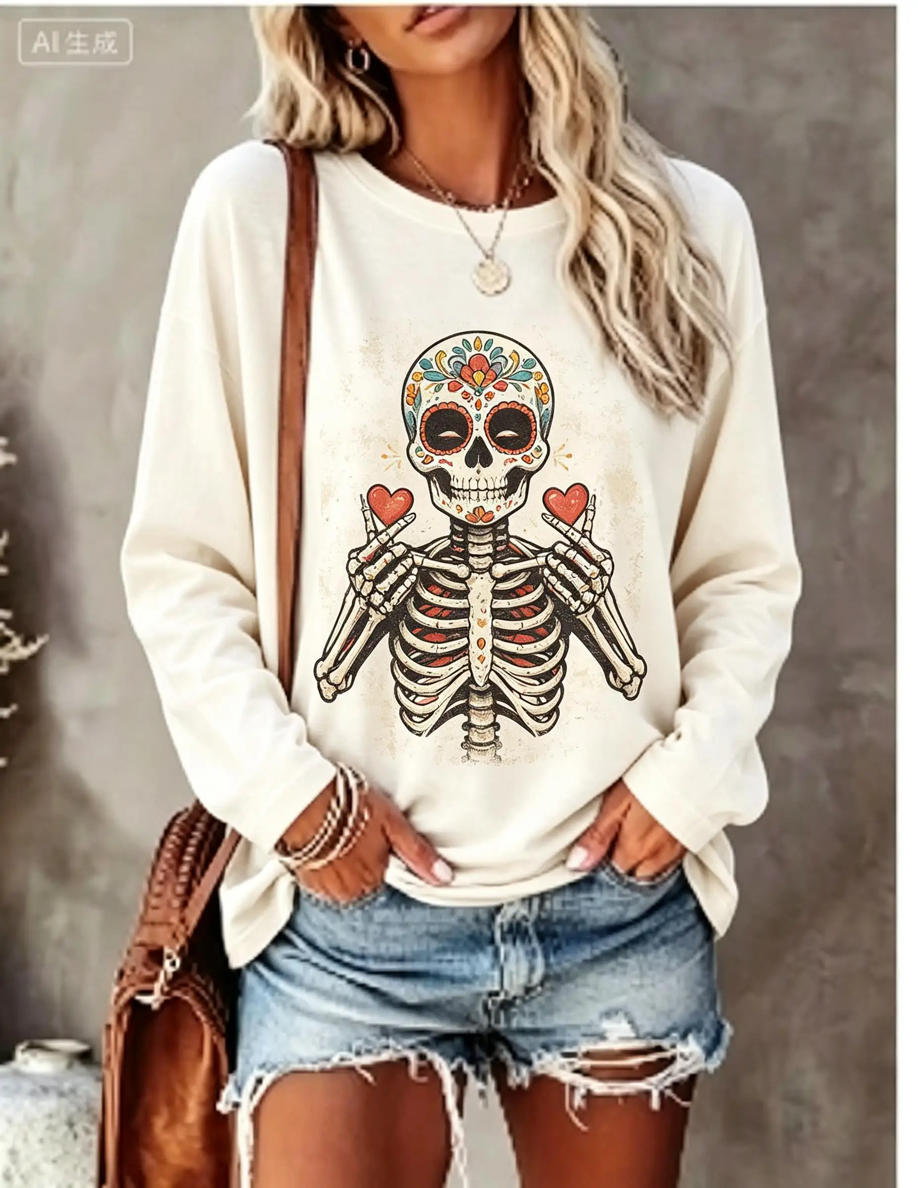 Women Halloween Long Sleeve T‑Shirt Skeleton Red Rose Vintage Gothic Print Crew Neck Casual Tops