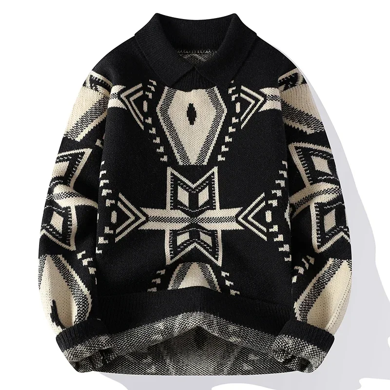 2024 neue Herbst Winter High-End-Mode Argyle Plaid Pullover Männer Luxus Kaschmir Pullover Koreanische Dicke Warme Herren Revers Pullover