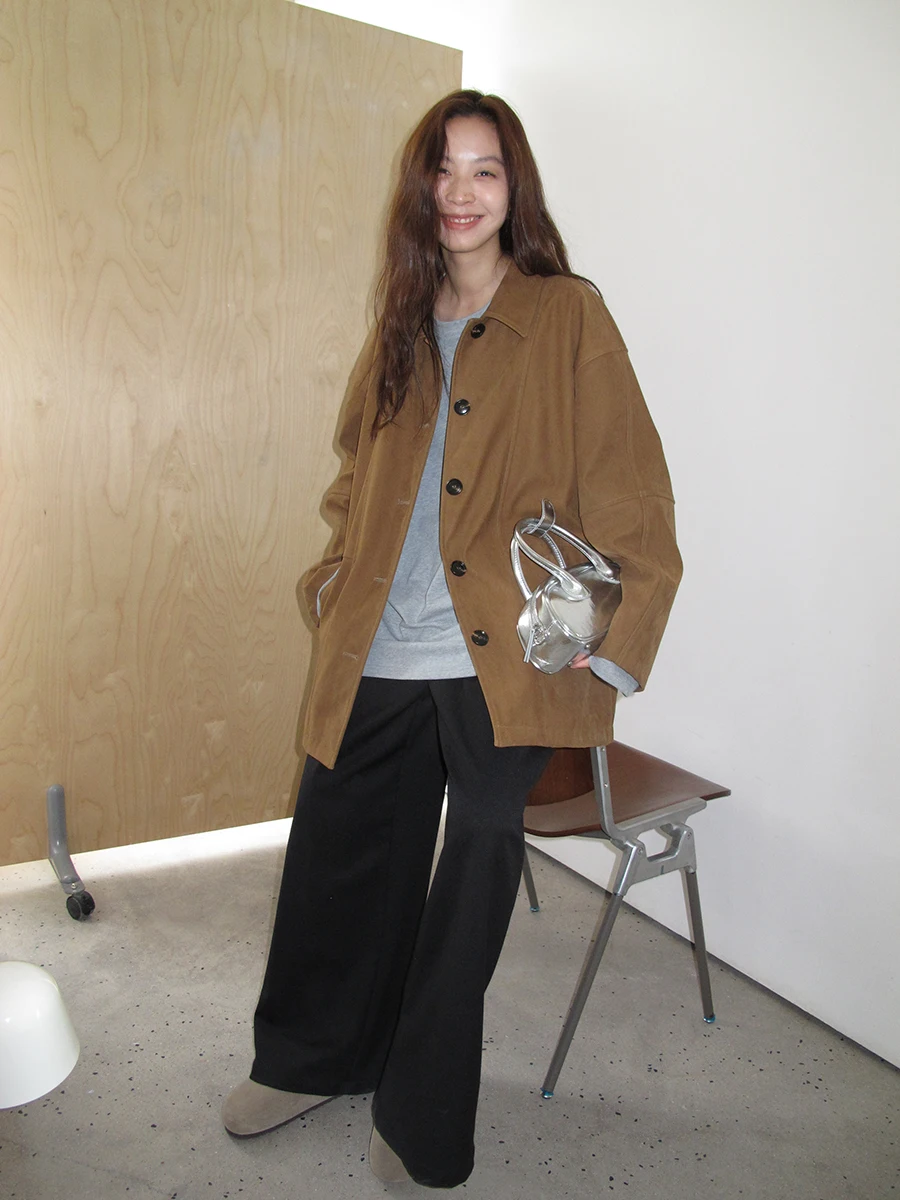 SIXI メルボルンスタイル ヴィンテージ ワークウェアジャケット レディース ルーズ ミドル丈 スエードコート カジュアル ルーズフィット レディース ショートアウター