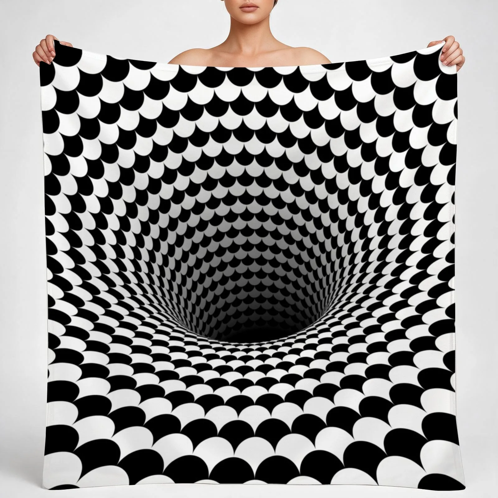 Optical Illusion Black and White Scales Houndstooth Black Hole Vortex Throw Blanket couch
