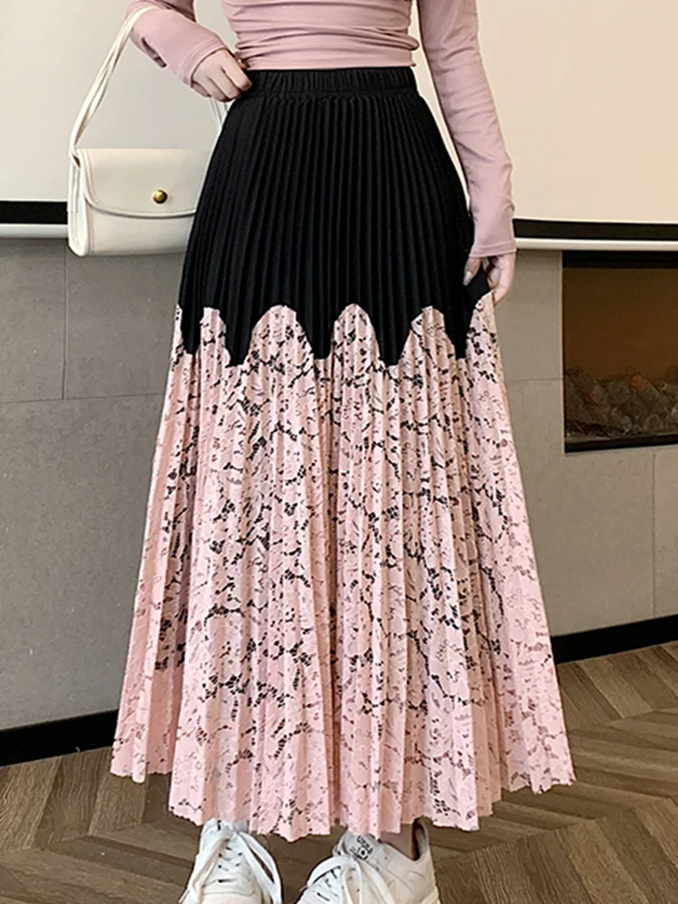 SMTHMA High-Quality Women A-Line Elastic High Waist Lace Patchwork Pleated Skirt 2024 Spring Summer Korean Fashion Long Skirt