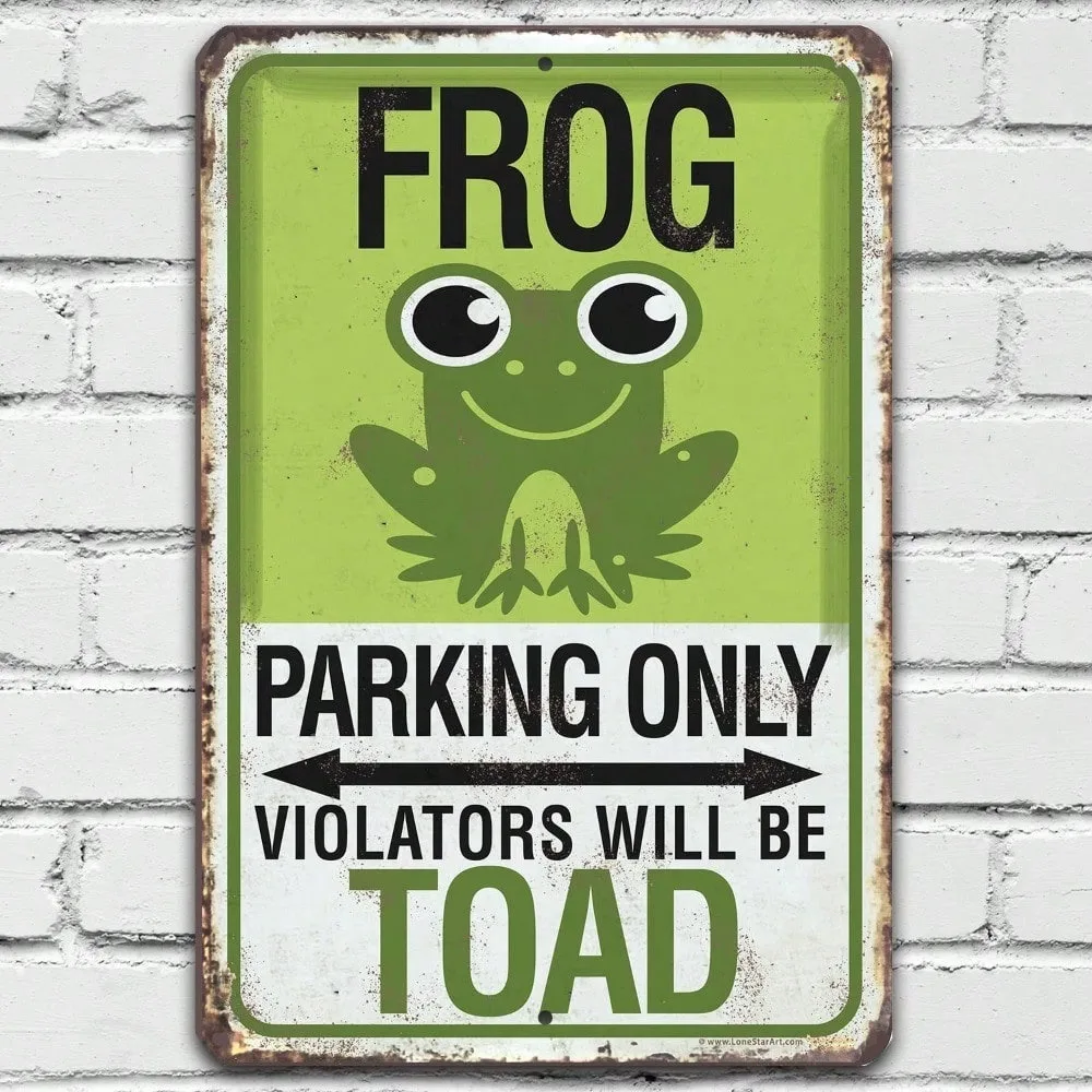 

Funny Frog Parking Only Toad Puns Metal Sign Novelty Garage Man Cave Rustproof Wall Art Decor