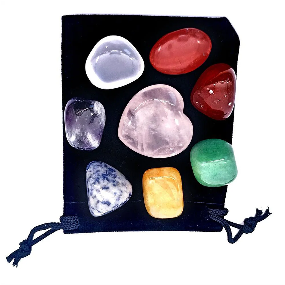 

Rose Quartz Heart Reiki Collection Box Irregular Shaped Chakra Stone Set with 7 Chakra Set