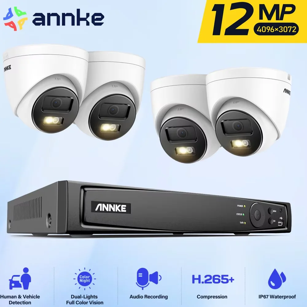 

ANNKE 12MP Dual Light Smart Video Surveillance Kit 2/4PCS POE Camera 12MP NVR Smart Home Camera 8CH NVR Outdoor Built-in mic