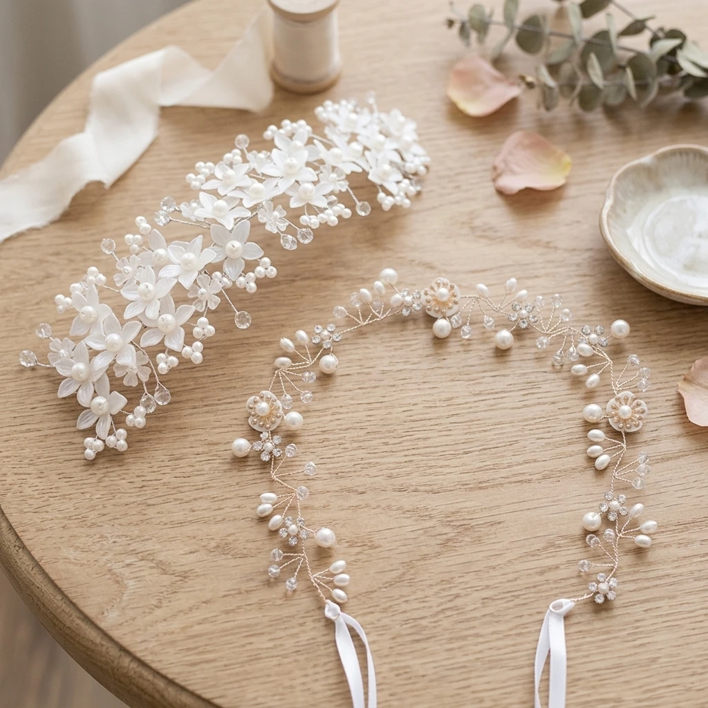 2pcs Floral Headband Bohemian Pearl Artificial Flowers Hair Wreath for Women DIY Wedding Bridesmaid Photography