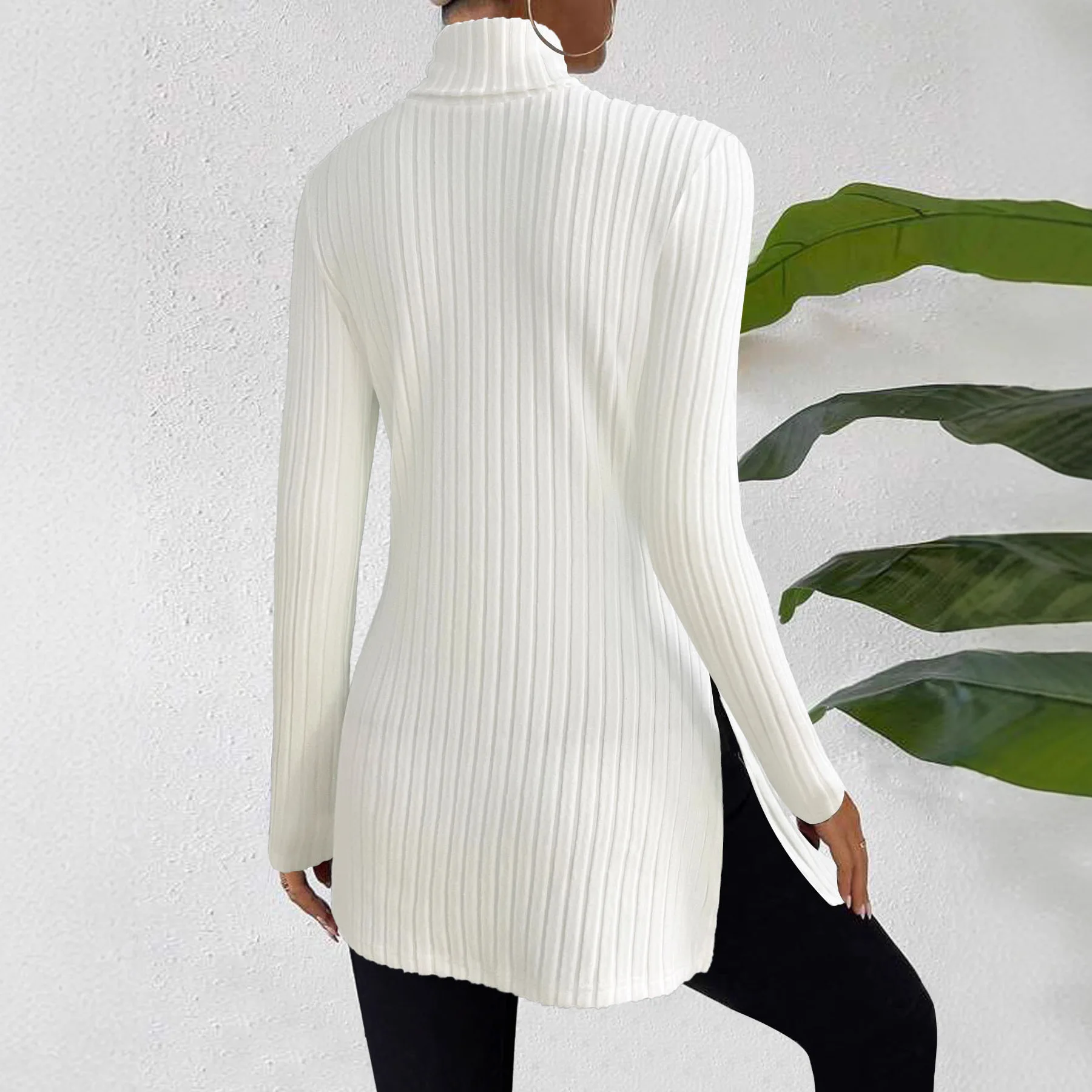 Plus-Size Top High Neck Pullover Top Split Slim Fit Top Ribbed Mid Length Tops Casual Long Sleeve Stretch Solid Color For Women