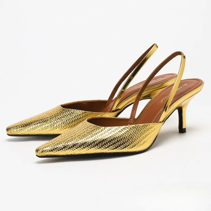 

Gold Luxury Designer Pumps Women Sandals Sexy Slingback Banquet Party Shoes Ladies Fashion Pointed Toe Low Heel Mules Shoes