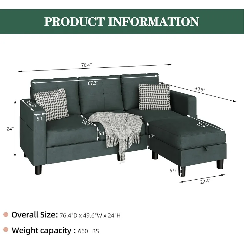 Convertible Sectional Sofas Couches for Living Room, L Shaped Couch with Storage Ottoman, Small Sectional 3 Seater Sofa