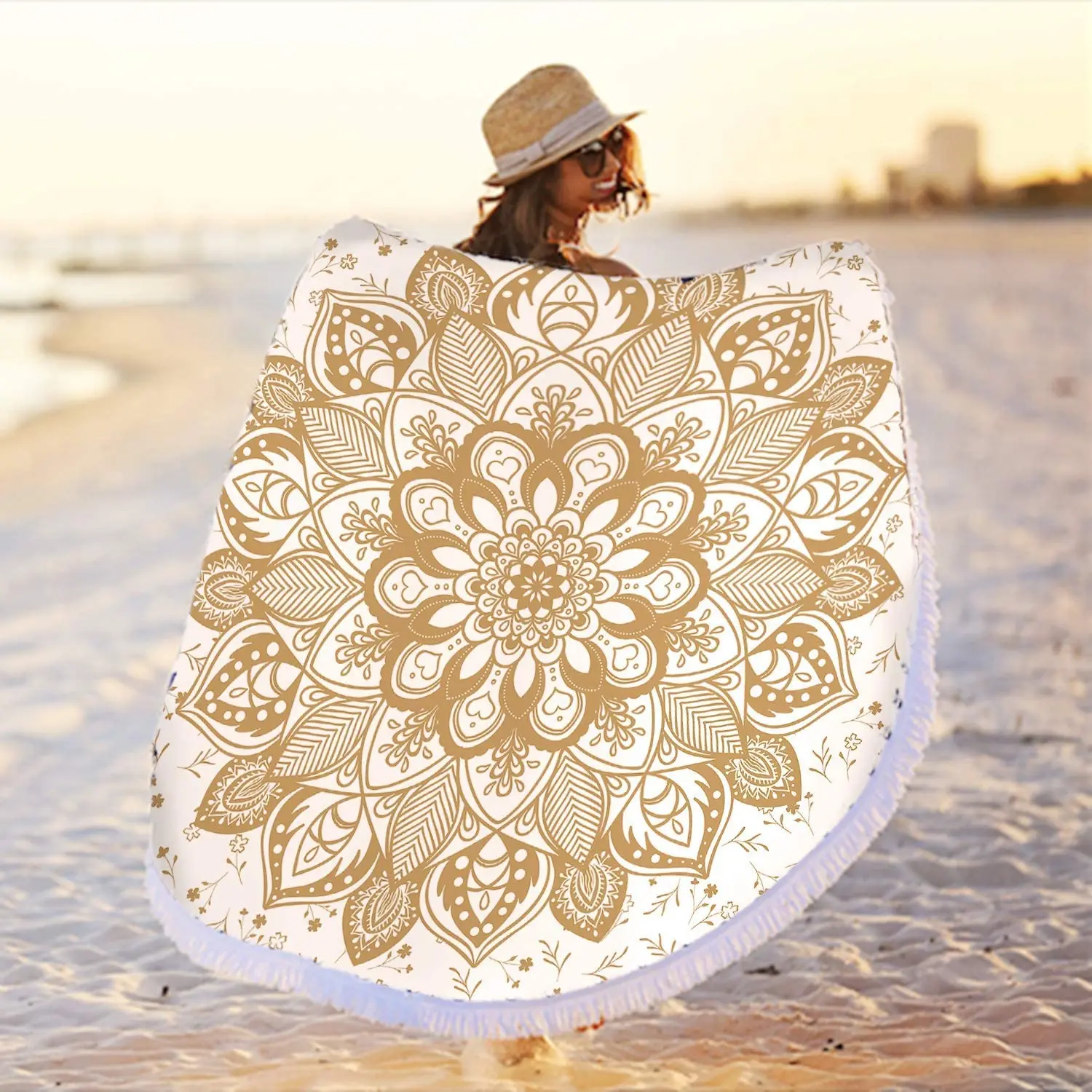 

Oversized Round Gold Yellow Mandala Beach Towel, Microfiber Soft Sand Free Large Water Absorbent Beach Blanket with Tassels