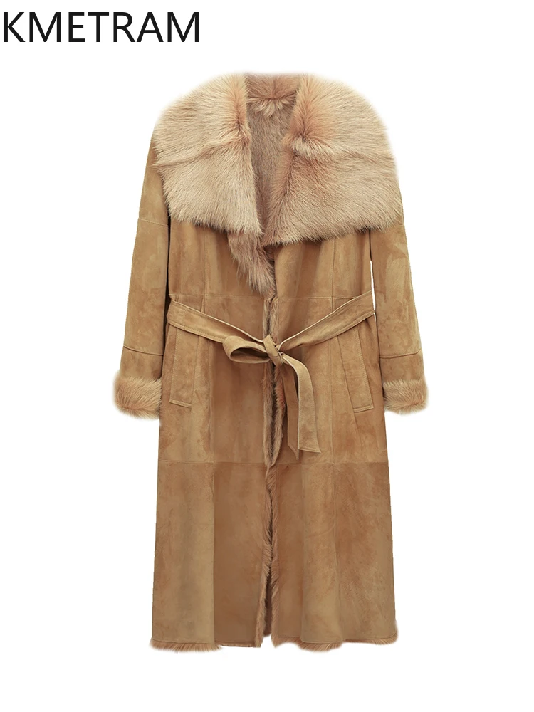 Kurtka damska z naturalnej wełny owczej z Toskanii, dwustronna, futro khaki, długi płaszcz z prawdziwego futra, odzież zimowa damska, fourrure 2025