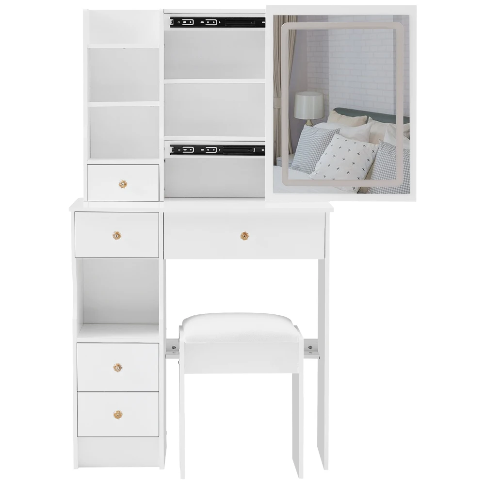 طاولة زينة لسطح المكتب ذات درج يسار صغير مقاس 29.2 بوصة + مقعد مبطن، منزلق كبير، تحكم باللمس، تبديل ثلاثي الألوان #4