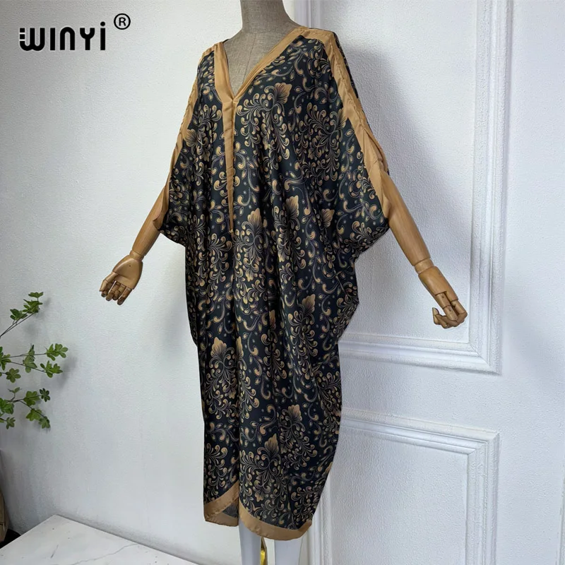 WINYI Summer african V-neck dress Printed beach wear women 2024 Loose Femme Robe Muslim beach cover ups silk feel evening dress