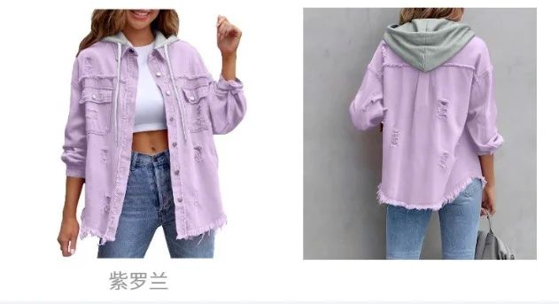 2026 Spring Autumn Shirt Style Denim Jacket Women Holes Raw-edges Jeancoat Casual Tops Female Oversize Loose Outerwear