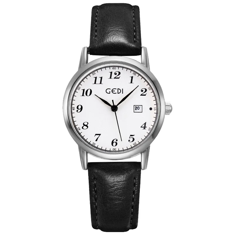 GEDI Women's Watch Retro Leather Strap Round Digital Dial Calendar Waterproof Lady's Quartz Wristwatch