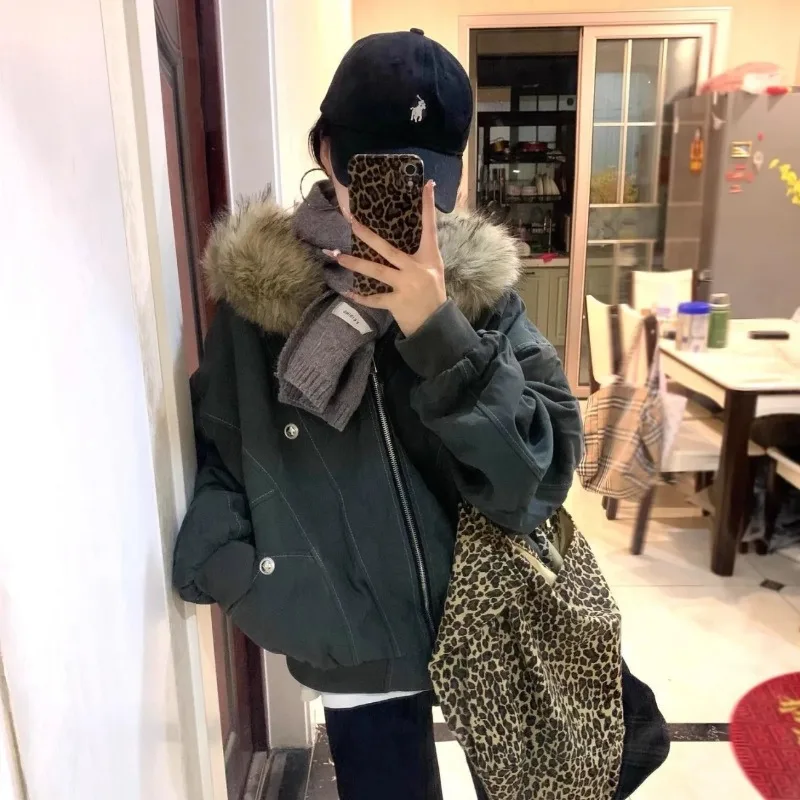 Women American Retro Fur Collar Puffer Jacket Short Thick Cotton Coat Unisex Winter Outerwear