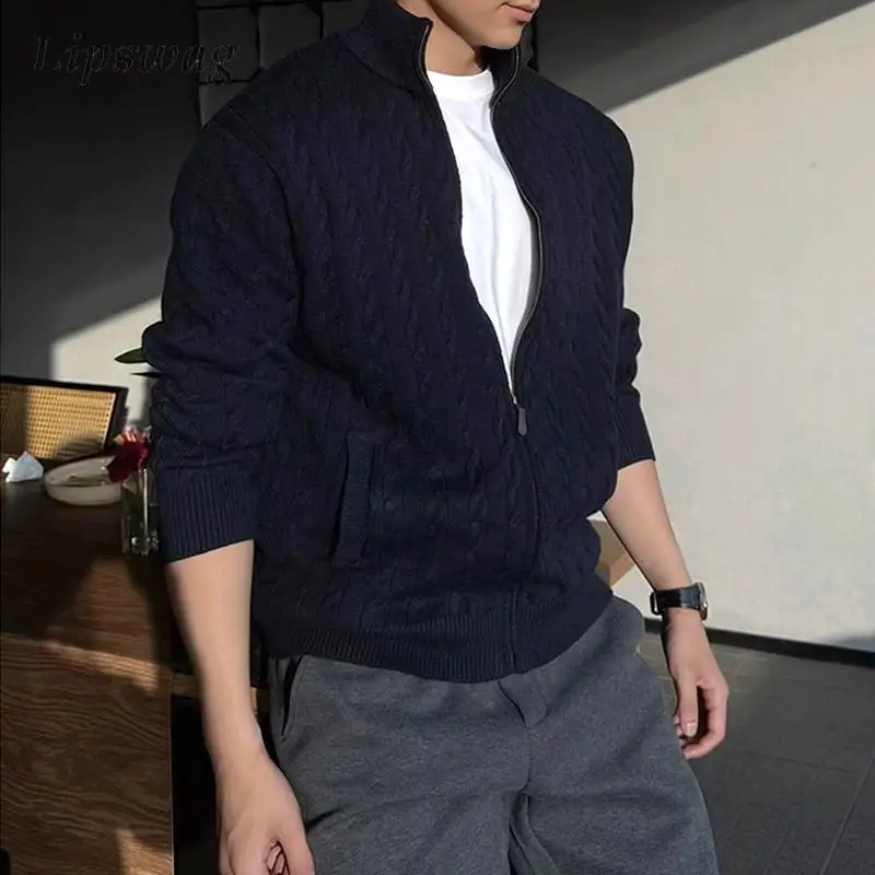 

Streetwear Vintage Men's Sweatercoats 2026 Spring Fall Casual Stand Collar Knit Cardigan Mens Trendy Zip-up Knitted Jacket Coat
