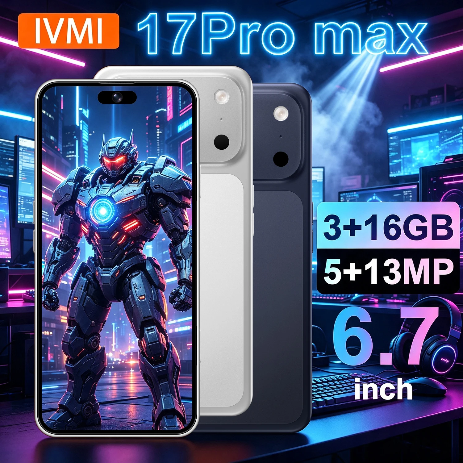 IVMI Smartphone Unlock Global Vision 17 Pro Max 3GB+16GB 4G Network Android10.0 Dual SIM Google Play Store 6.7'' Face Mobile Pho