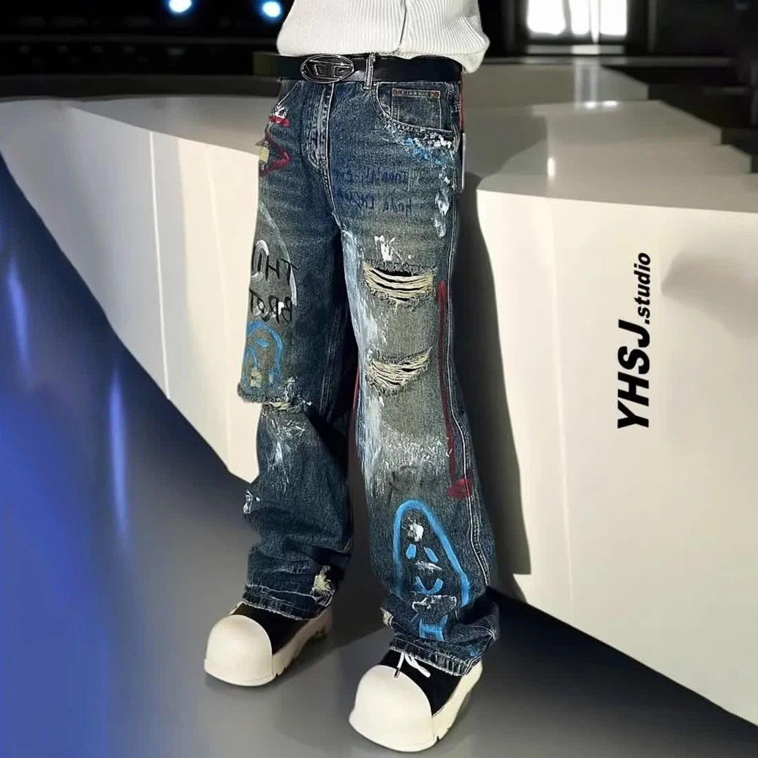 

Mens Jeans Washed Letters Graffiti Hole Casual Pants Summer Streetwear Fashion All-Match Straight Pants Men'S Clothing 2025 New