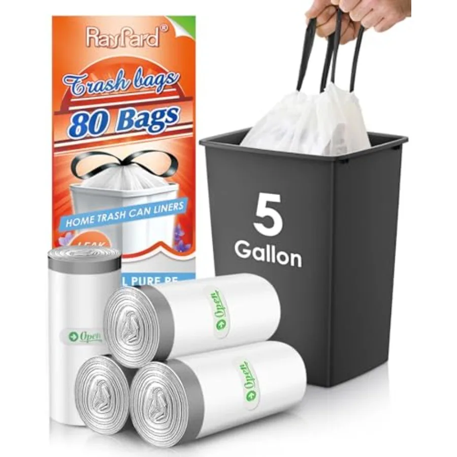 

5 Gallon 80 Counts Strong Drawstring Trash Bags Garbage Bags by, Small Plastic Bags, Trash Can Liners for Home Office Kitchen B