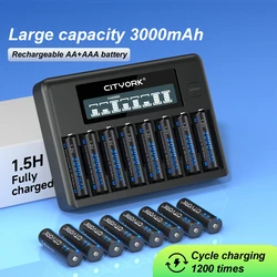 CITYORK 1.2V AA Rechargeable Batteries 3000mAh NiMH Rechargeble Battery AA with LCD Smart 1.2v AA/AAA Battery Charger