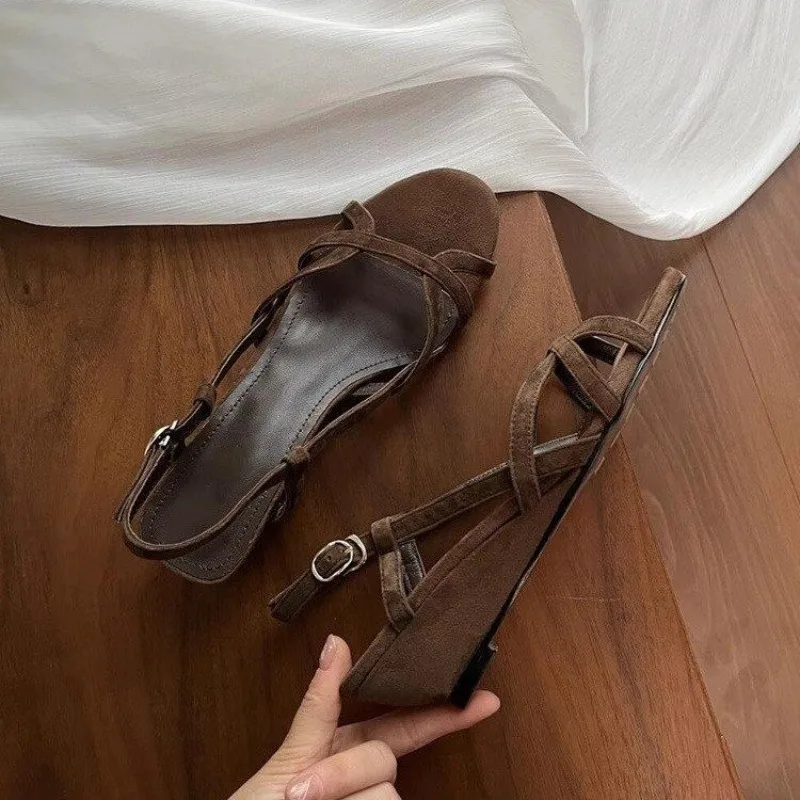 

Summer 2025 Niche Design Simple Open Toe Round Toe Crossover Belt Wedge Sandals Women's Versatile Roman Sandals