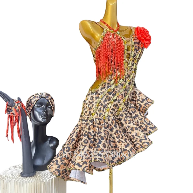Adult High-End Custom Latin Dance Costume AB Stone Leopard Print Handmade Flower Dress for Women Professional Tango Clothing