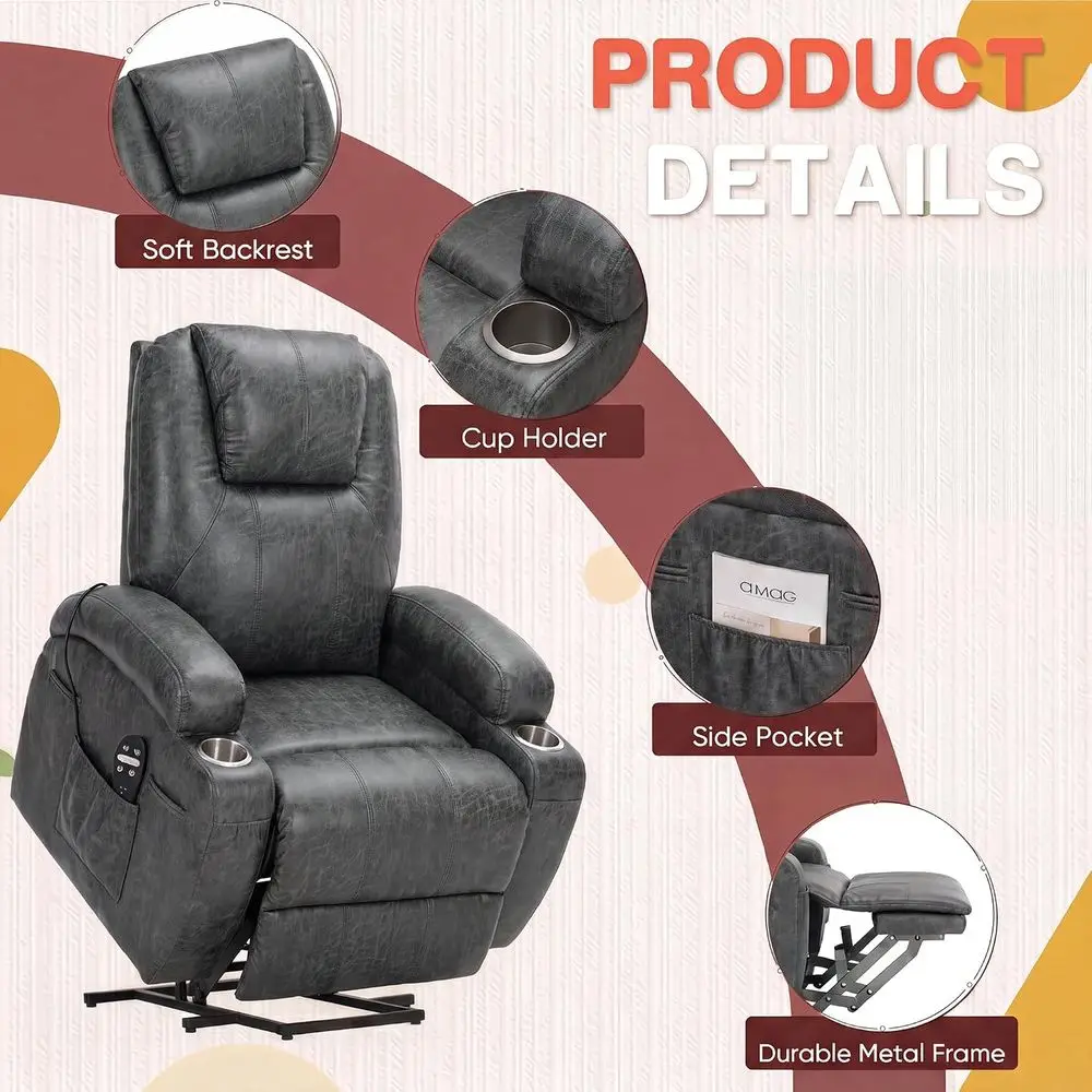 Power Lit Recliner Chair, Recliner Chair with Massage or Elderly | Leathaire abric Lit Chair with Cup Holders, Side kets and Rem