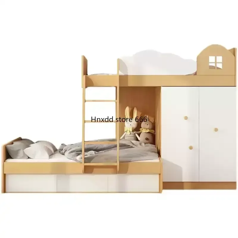 Staggered upper and lower children's bed with wardrobe