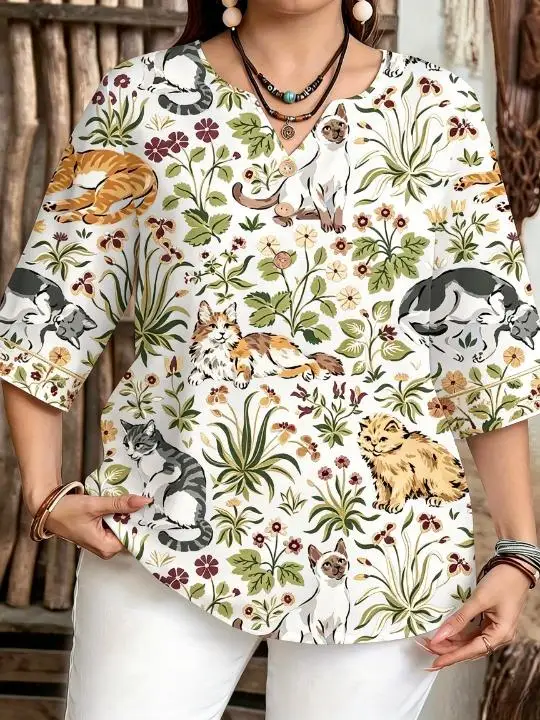 Women Cat And Botanical Floral Full Print Blouse Notched Neck 3/4 Sleeve Loose Fit For Curvy Figures Daily Casual Tops