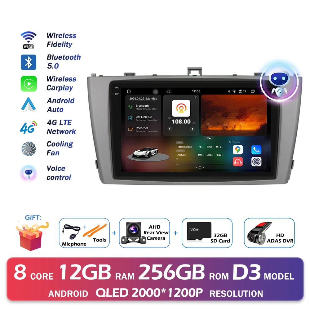 Android 16 QLED 2000*1200 P Voor Toyota Avensis T27 2008-2015 GPS Navigatie Multimedia Speler Auto draadloze CarPlay WIFI 4G