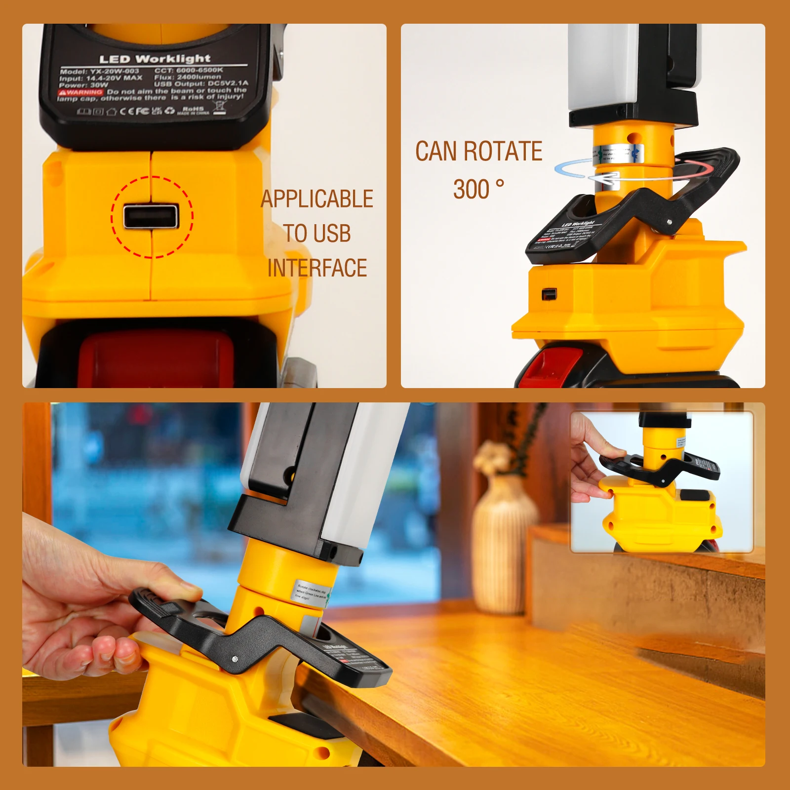Lampe de travail LED pour Dewalt, lampe pliante à clipser, budgétaire extérieur avec port USB, sans batterie, 20V, 30W, 2400LM
