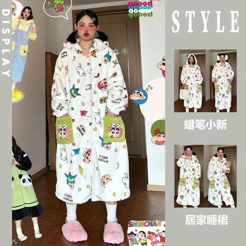 

Kawaii Crayon Shin-chan Pajama Set Anime Cute Girl Coral Fleece Robe Pajama Pants Winter Keep Warm Outdoors Hooded Home Clothing