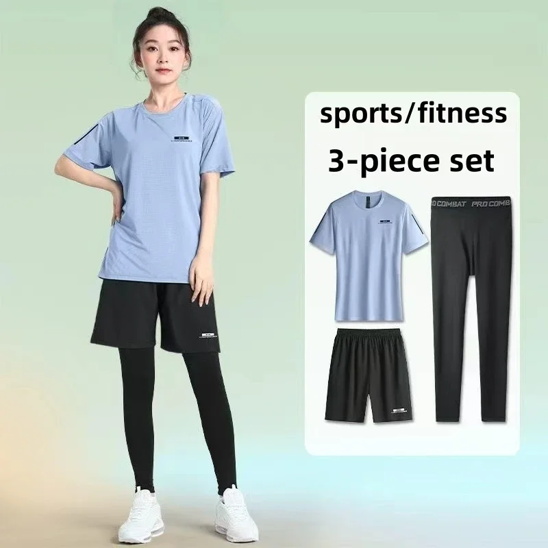Three-piece set for sports and leisure, made of ice silk, cool and breathable, sweat-absorbing for running, fitness and yoga