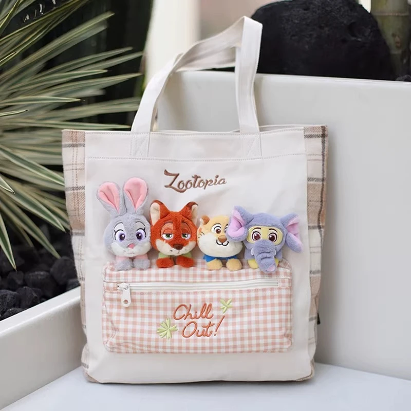 

Оригинальная коллекционная сумка Disney Zootopia на одно плечо, холщовая, для ежедневных поездок, с милым мультяшным дизайном, большой вместимости, с плюшевым декором Джудит и Ника