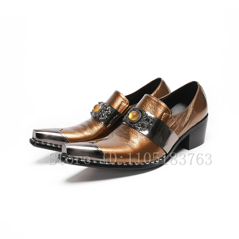 Vintage Shiny Metallic Leather Men's Slip On Loafers Pointed Metal Toe Gem Buckle Decor Block Heel Dress Shoes for Wedding Party