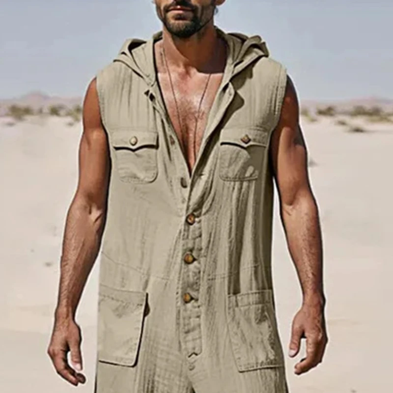Retro Button-up Hooded Romper Mens Casual Loose Straight Pant Overalls Men Jumpsuits Spring Summer Vintage Solid Color Jumpsuits