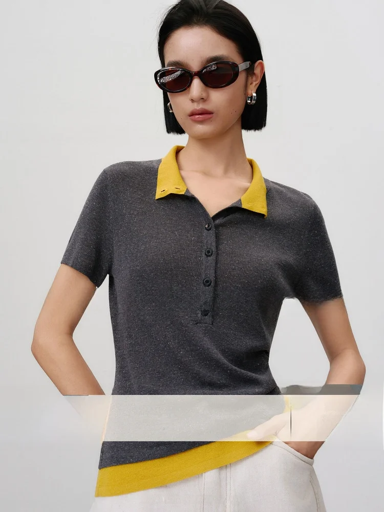 

COOBLOOM Women's ort Sve irt Summer Slim Fit Top Color Blo Linen Blend T-irt Stand Collar Casual Wear