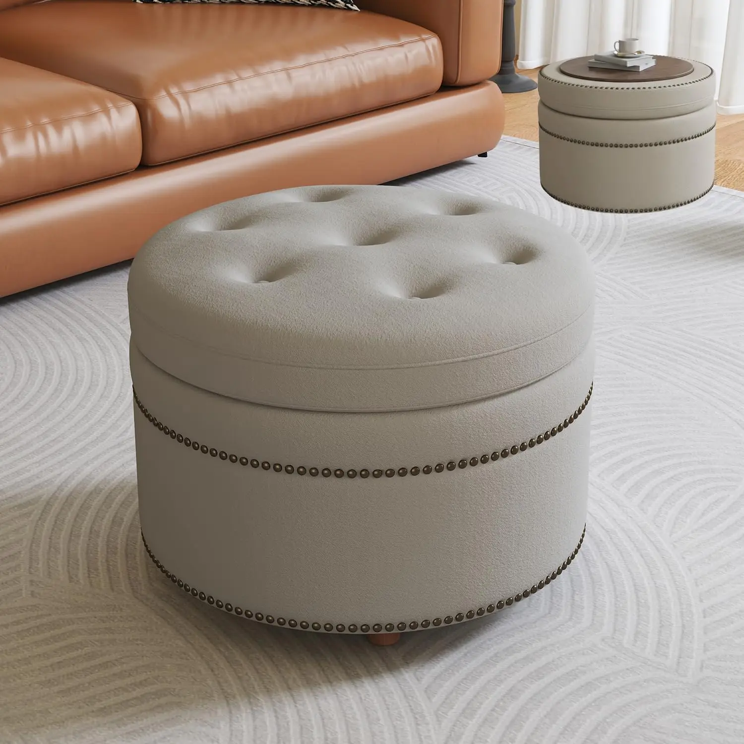 24'' Dual-Surface Lid Round Ottoman – Accent Ottoman with Storage Comfortable Padding,Space-Saving Coffee Table for, Customized