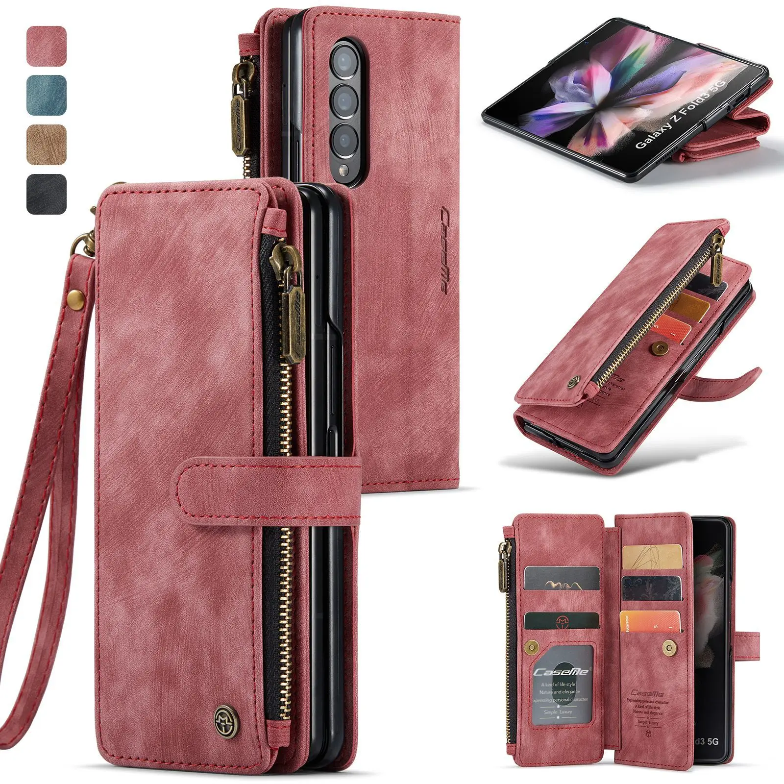 For Samsung Galaxy Z Fold 5 4 3 Case Vintage Zipper Leather 2 in1 Magnetic Wallet Card Slot Flip Holder Protect Shockproof Cover