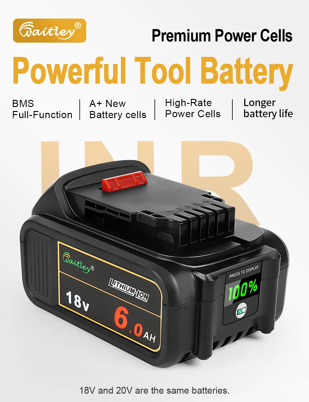 Waitley 6Ah Akku kompatibel mit Dewalt 18V 20V Elektrowerkzeugen DCB184 DCB200 wiederaufladbares Zubehör Lithium-Ionen-Akkus – Detail 2