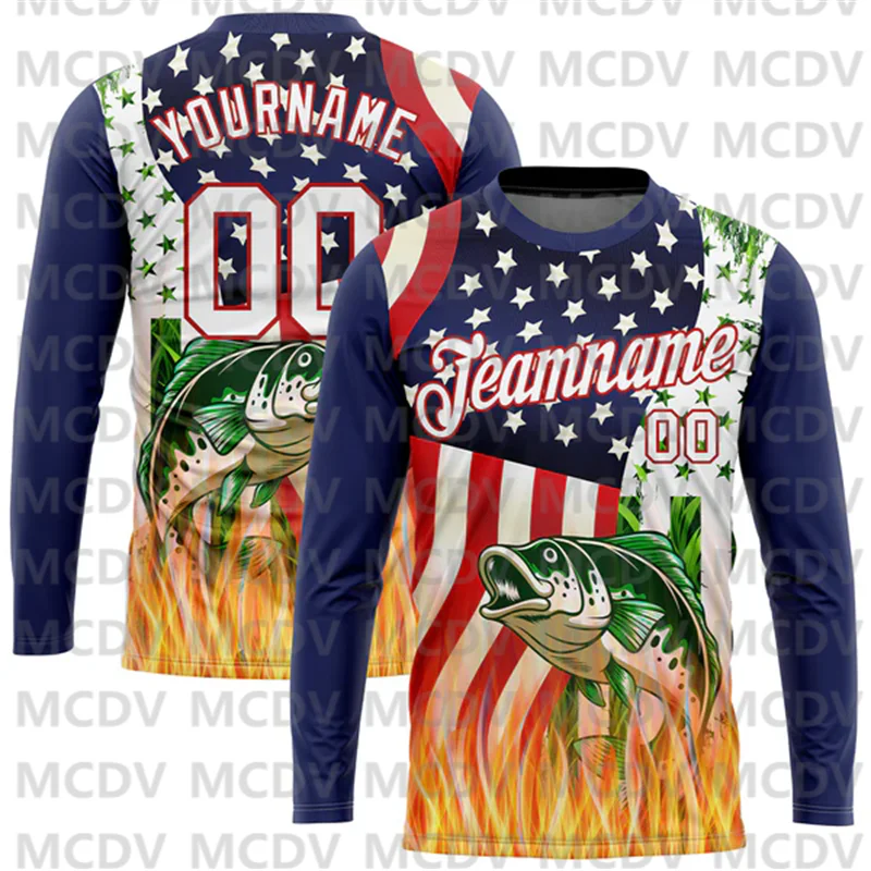 Custom Royal White-Red 3D American Flag And Bass Fish Fishing Long Sleeve Performance T-Shirt