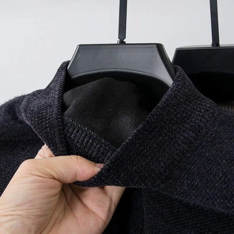 

Winter Men's Warm Fleece Sweater Mock Neck Embroidered Casual Knitted Inner Lap Pullovers Thick Thermal Underwear Sweaters