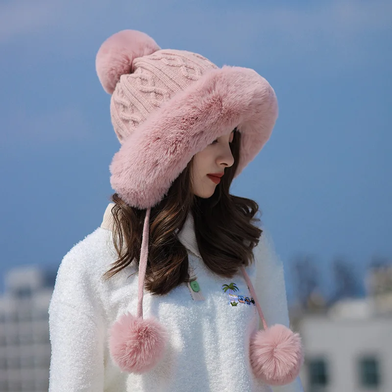 2024 new imitation rabbit fur warm winter hat for women cute thick white fluffy ball hat earmuffs slippers plush hat