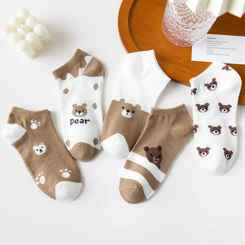 

5 Pairs Cute Cartoon Bear Low Cut Ankle Socks For Women - Soft, Lightweight, And Comfortable Funny Socks
