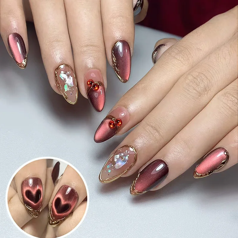 

24Pcs Red Heart Cat's Eye False Nails Press on Gilded Pearl Sequin Manicure Tips Rhinestone Mid-length Almond Wearable Fake Nail