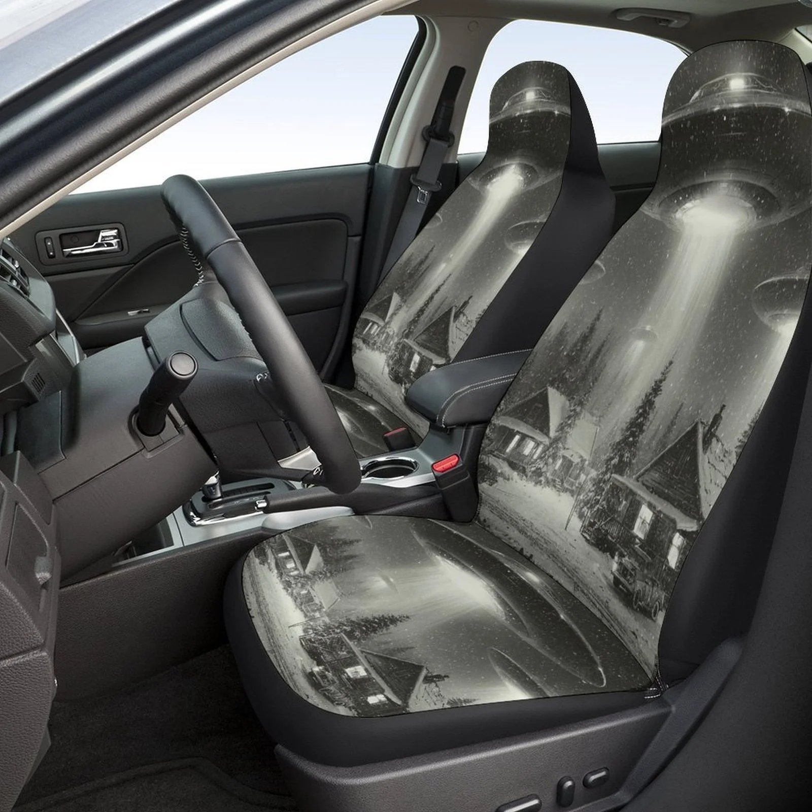 Set Of Car Seat Covers Featuring A Spaceship Village Design, Suitable For Most Vehicles. These Trendy And Unique Decorative Cove