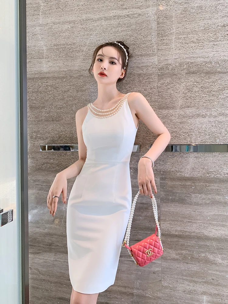 

Белое платье Ele без бретелек для женщин, летнее бальное платье с высокой талией, короткая юбка, украшенная жемчугом, U-образный вырез, подходит для различных мероприятий